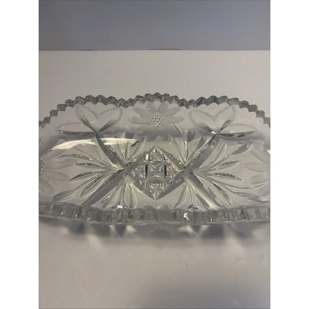 American Brilliant Period Glass Daisy Floral Diamond Pattern OVAL Relish‎ Dish